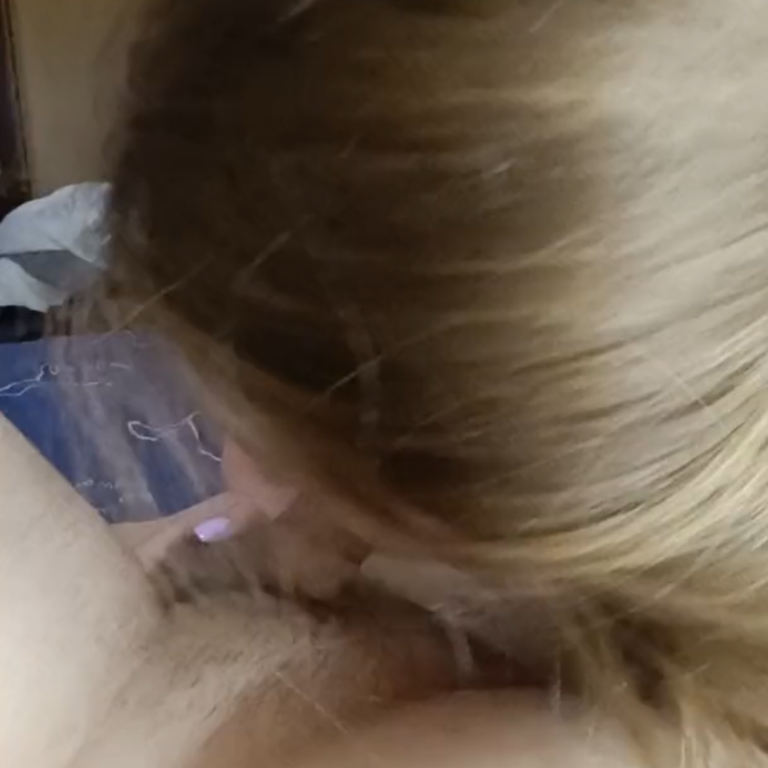 blonde chick giving her bf a sloppy blowjob in the bedroom