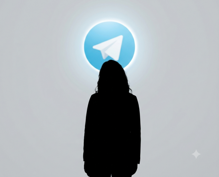 Lady in front of the Telegram logo